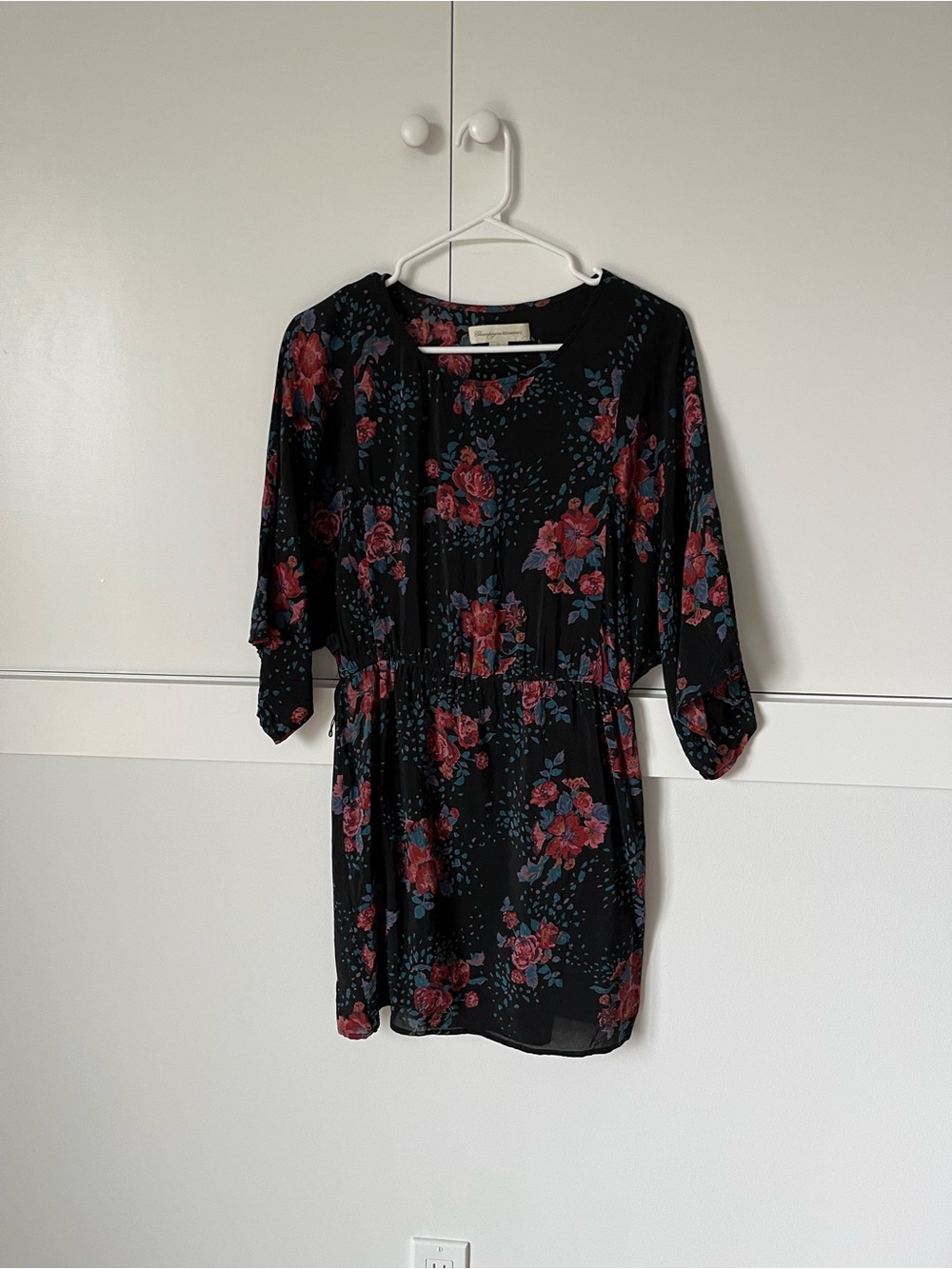 Black Floral Short Dress with Pink Roses